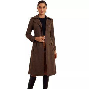 INSPIRE CHIC Women's Faux Suede Notched Lapel Double Breasted Belted Long Sleeve